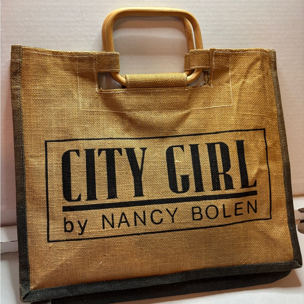 Vintage Nancy Bolen City Girl Logo Tote Bag in Burlap Tan color